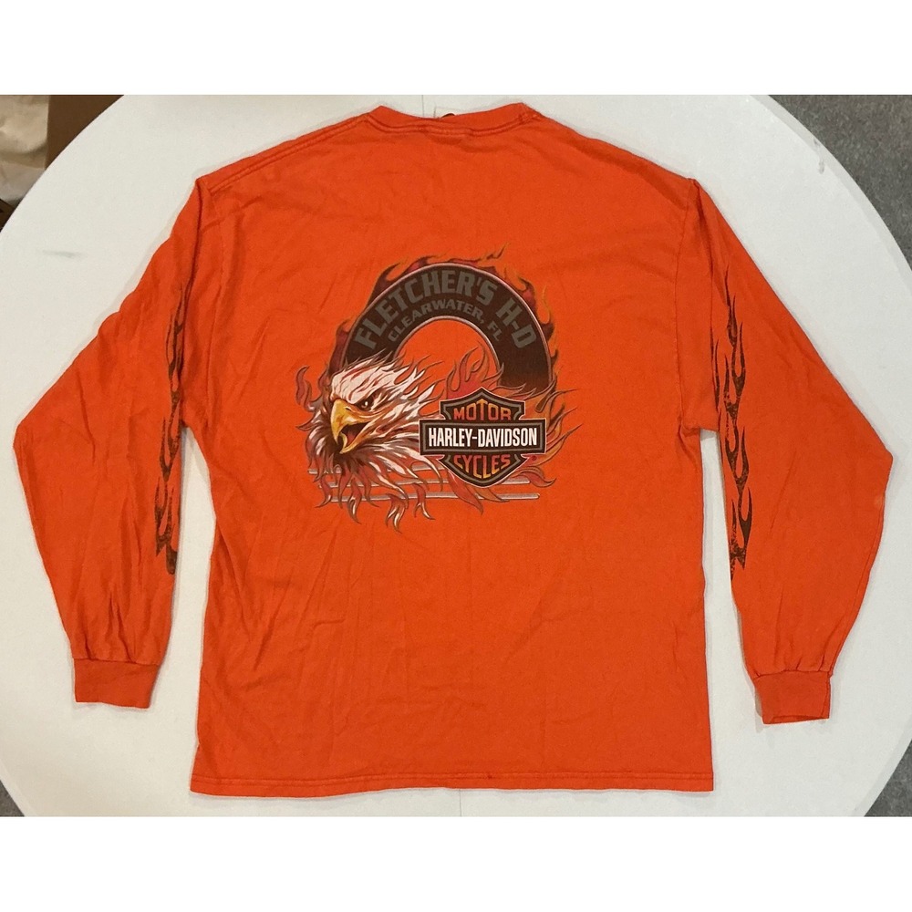 VTG‎ Y2K Harley Davidson Orange Flame Sleeve Grunge Biker Long Sleeve Shirt XL